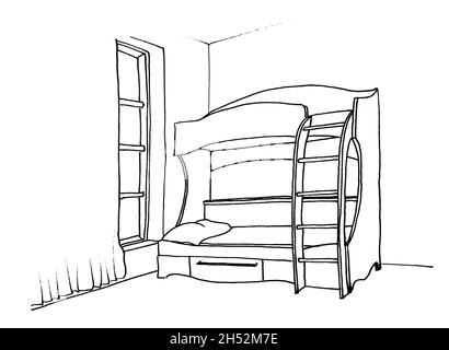 Graphical sketch of an interior children's room bunk bed with stairs Stock Photo