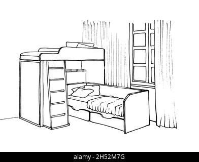 Graphical sketch of an interior children's room bunk bed with stairs, window Stock Photo