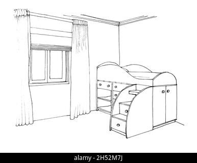 Graphical sketch of an interior children's room bunk bed with stairs, window Stock Photo