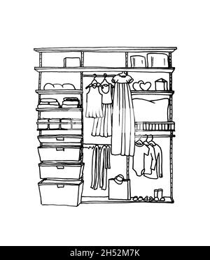 Graphical sketch of children's wardrobe with shelves and hangers Stock Photo