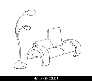 Graphical sketch of an interior room, sofa floor lamp, liner Stock Photo