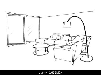 Graphical sketch of an interior room, sofa, table, floor lamp, liner Stock Photo