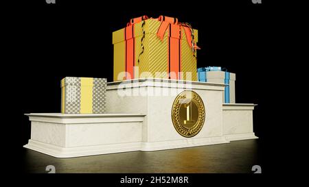 winners pedestal with presents - big prize concept, isolated - object 3D rendering Stock Photo