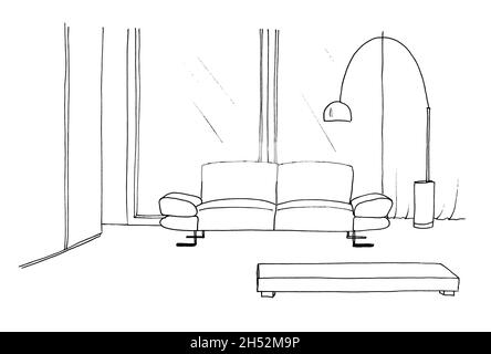 Graphical sketch of an interior room, sofa floor lamp, liner Stock Photo