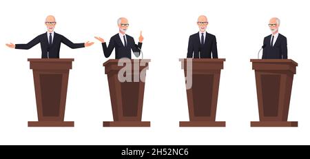 Man Speaking on Podium Orator, politician, Businessman Cartoon Character Set Stock Vector