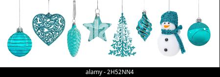 Set of hanging toys for the Christmas tree. Snowman, star, pine cone ball and heart. Turquoise scale. Isolated on white. Stock Photo