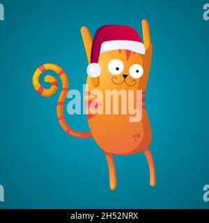 Happy Cartoon Cat Wearing Santa Claus Hat Stock Vector