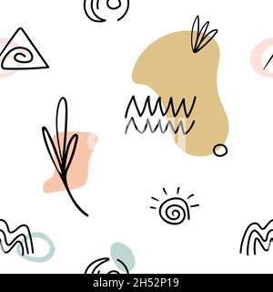 Seamless pattern with abstract hand drawn doodle various shapes, lines, branch, leavers, spots, curves.  Stock Vector