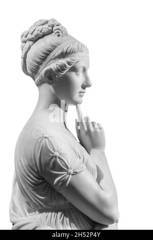 Gypsum copy of ancient statue of thinking young lady isolated on white background. Side view of plaster sculpture woman face Stock Photo