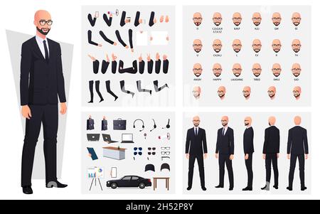 Bald Man Wearing Suit and Glasses Character Creation Set with Hand Gestures, Emotions and mouth Animation Premium Vector Stock Vector