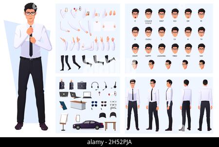 Character Creation Set with Business Man in White Shirt, Lip Sync, Hand Gestures and Items Premium Vector. Stock Vector