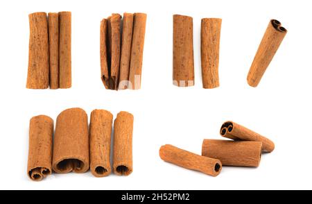 Cinnamon sticks set or collage, isolated on a white background Stock Photo