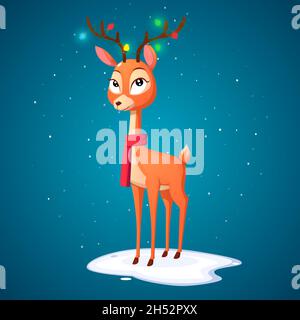 Cute Female Cartoon Reindeer wearing red Scarf and Christmas light bulbs premium Vector Stock Vector