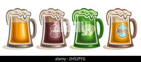 Vector Beer Mugs Set, lot collection of cut out illustrations different refreshing frothy beer with variety labels on white background. Stock Vector