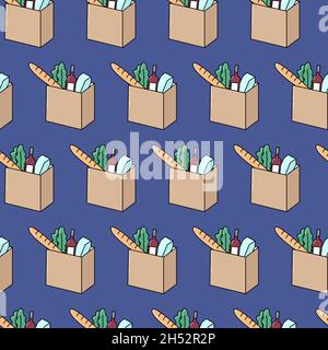 Grocery market products goods seamless pattern. Vector illustration isolated on blue background Stock Vector