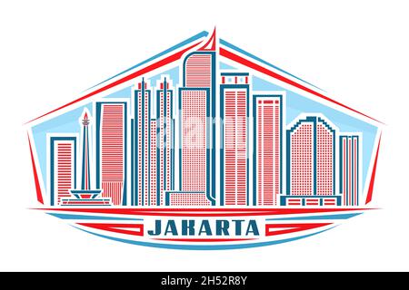 Vector illustration of Jakarta, horizontal label with linear design famous jakarta city scape on day sky background, urban line art concept with decor Stock Vector