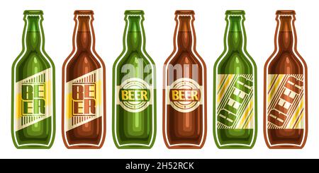 Vector Beer Bottles Set, lot collection of cut out illustrations assorted refreshing beer in a row with diverse labels on white background. Stock Vector