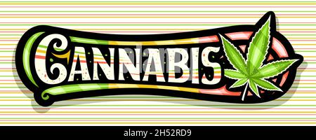 Vector banner for Cannabis, horizontal sign board with illustration of cannabis leaf and colorful decorative flourishes, add voucher with unique brush Stock Vector