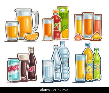 Vector Drinks Set, lot collection of cut out illustrations orange juice, natural drink in carton package, still life with sliced fruits, cartoon desig Stock Vector