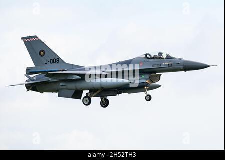 A F-16 Fighting Falcon fighter jet of the Royal Netherlands Air Force is ready for take-off from the Volkel Air Base. Stock Photo