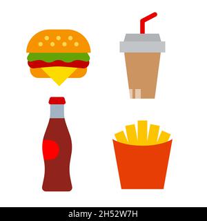 illustration of set fast food flat icons and signs Stock Vector