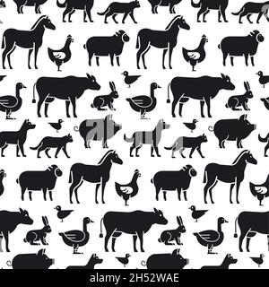 illustration of the farm animals black and white seamless pattern Stock Vector