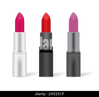 Set of various color lipstick isolated on white background, mockup. Lip rouge, vector illustration Stock Vector