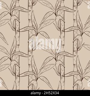 Bamboo grass seamless pattern, vector illustration. Brown bamboo branches with leaves on a beige background. Template for wallpaper, packaging, fabric Stock Vector