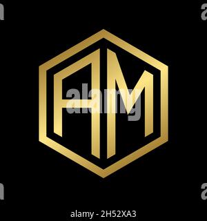 golden initial letter AM hexagon logo design vector Stock Vector