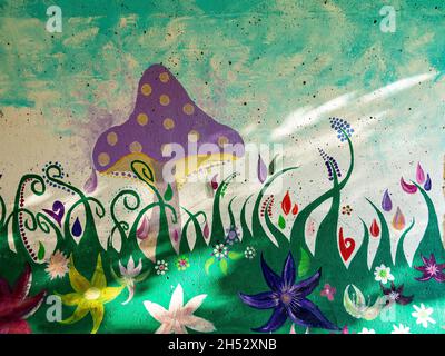 Painted pedestrian subway in Latchford, Cheshire, depicting Alice in Wonderland Stock Photo