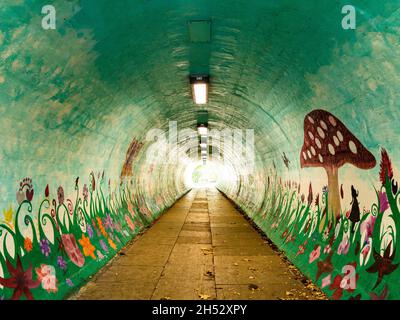 Painted pedestrian subway in Latchford, Cheshire, depicting Alice in Wonderland Stock Photo