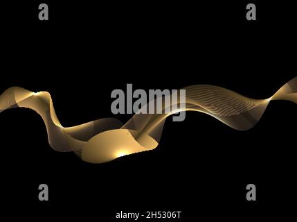 Abstract shiny golden wave or wavy lines with lighting on black background. Vector illustration Stock Vector