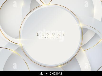 Abstract white circles with golden circle lines and lighting effect on clean background luxury style. Vector graphic illustration Stock Vector