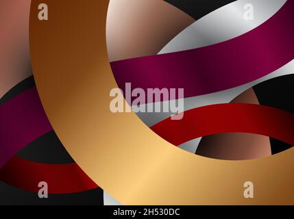 Abstract circles geometric lines metallic gradient color overlapping on black background. Vector graphic illustration Stock Vector