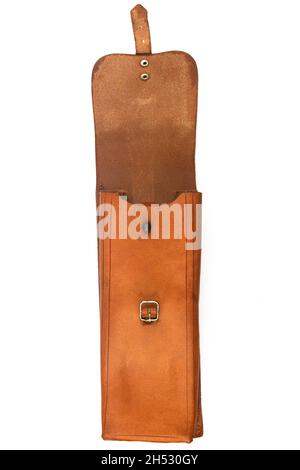front view closeup of open handmade vintage brown leather satchel pouch with rough weathered texture and metallic buckle isolated on white background Stock Photo