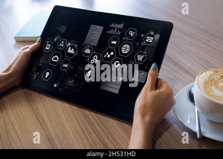 Business and technology concept. Virtual control panel on device screen. Stock Photo