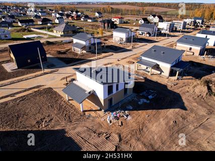 Building a country house of expanded-clay concrete blocks. Unfinished private home of ceramsite concrete blocks on a construction site.Construction wo Stock Photo