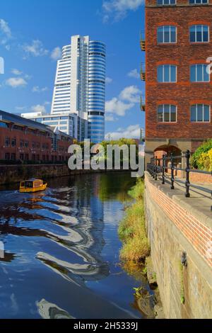 UK, West Yorkshire, Leeds, Bridgewater Place otherwise known as The Dalek, next to the River Aire Stock Photo