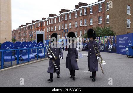 London, UK, 6th November 2021.  Military band members arrive for the Premier League match at Stamford Bridge, London. Picture credit should read: Darren Staples / Sportimage Stock Photo