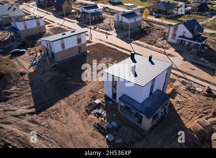Building a country house of expanded-clay concrete blocks. Unfinished private home of ceramsite concrete blocks on a construction site.Construction wo Stock Photo