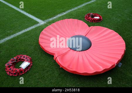 Poppies on the pitch for Remembrance Sunday prior to kick-off before the Sky Bet Championship match at Coventry Building Society Arena, Coventry. Picture date: Saturday November 6, 2021. Stock Photo