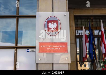 Sign on a seat of Polish Ministry of Economic Development and Technology located on a Three Crosses Square in Warsaw, capital of Poland Stock Photo