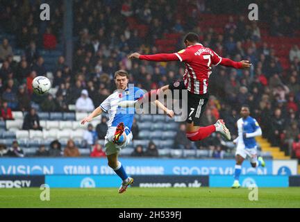 Blackburn, UK, 6th November 2021.  Rhian Brewster of Sheffield Utd scores the first goal  during the Sky Bet Championship match at Ewood Park, Blackburn. Picture credit should read: Simon Bellis / Sportimage Credit: Sportimage/Alamy Live News Stock Photo