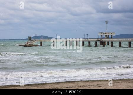 View from a beach on a pier in Burgas on the Bulgarian Black Sea Coast in the region of Northern Thrace Stock Photo