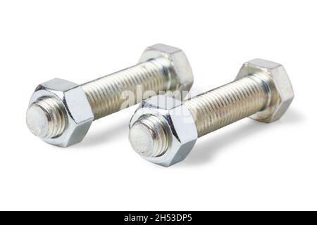 Steel bolts with nuts close up isolated on white Stock Photo