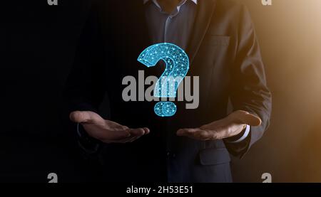 Question mark. 3d abstract on dark background with dots and stars. Ask symbol. Help support, faq problem symbol, think education concept, confusion se Stock Photo