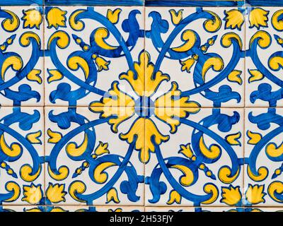Closeup of a floral pattern vintage Portuguese tiles in Oporto, Portugal Stock Photo
