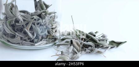 Natural medicine: Closeup of dried sage leaves against flu Stock Photo