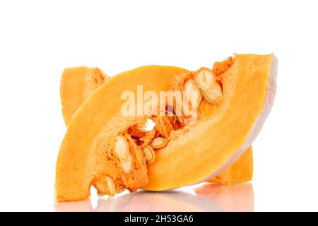 Two slices of sweet organic pumpkin, close-up, isolated on white. Stock Photo