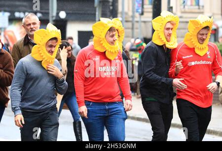 Principality Stadium, Cardiff, UK. 6th Nov, 2021. Autumn Series International rugby, Wales versus South Africa: Wales fans in fancy dress enjoy the atmosphere outside the Principality Stadium Credit: Action Plus Sports/Alamy Live News Stock Photo